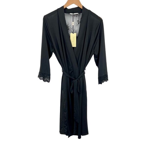 Jane Lamerton black satin lace trim belted midi robe size small NEW - Picture 12 of 12